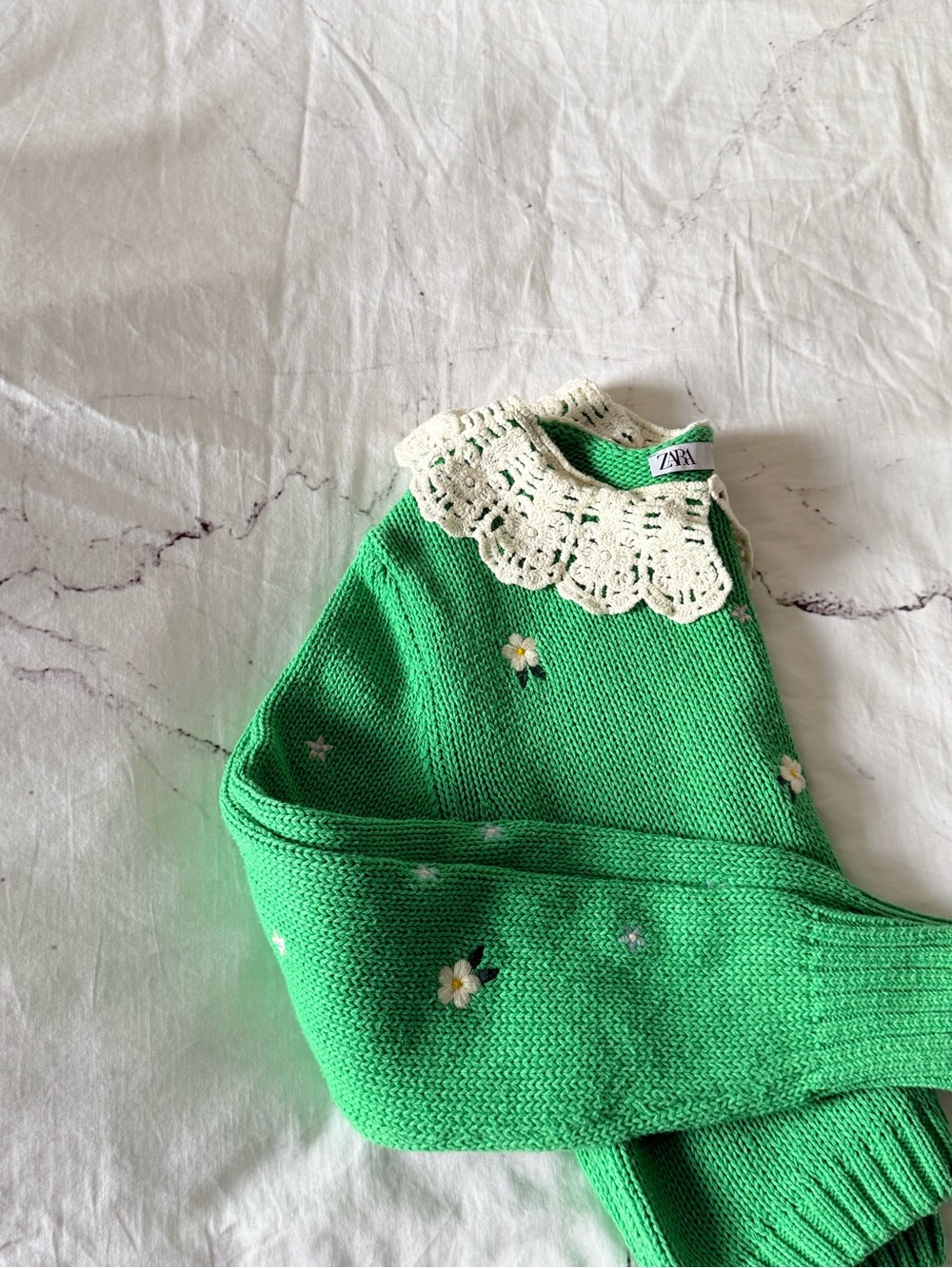 ZARA Bright Green Daisy Knit Sweater with Crochet Collar